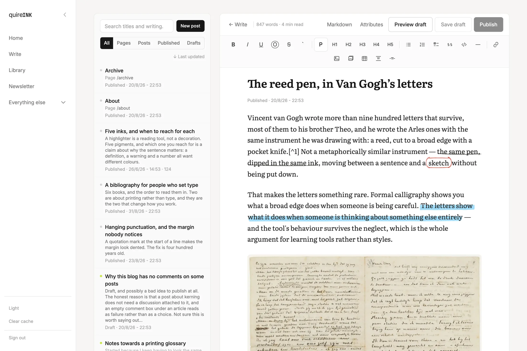 The editor: a post open on the writing sheet with a scanned Van Gogh letter in the body, the toolbar above it, and the write pane listing every post beside it