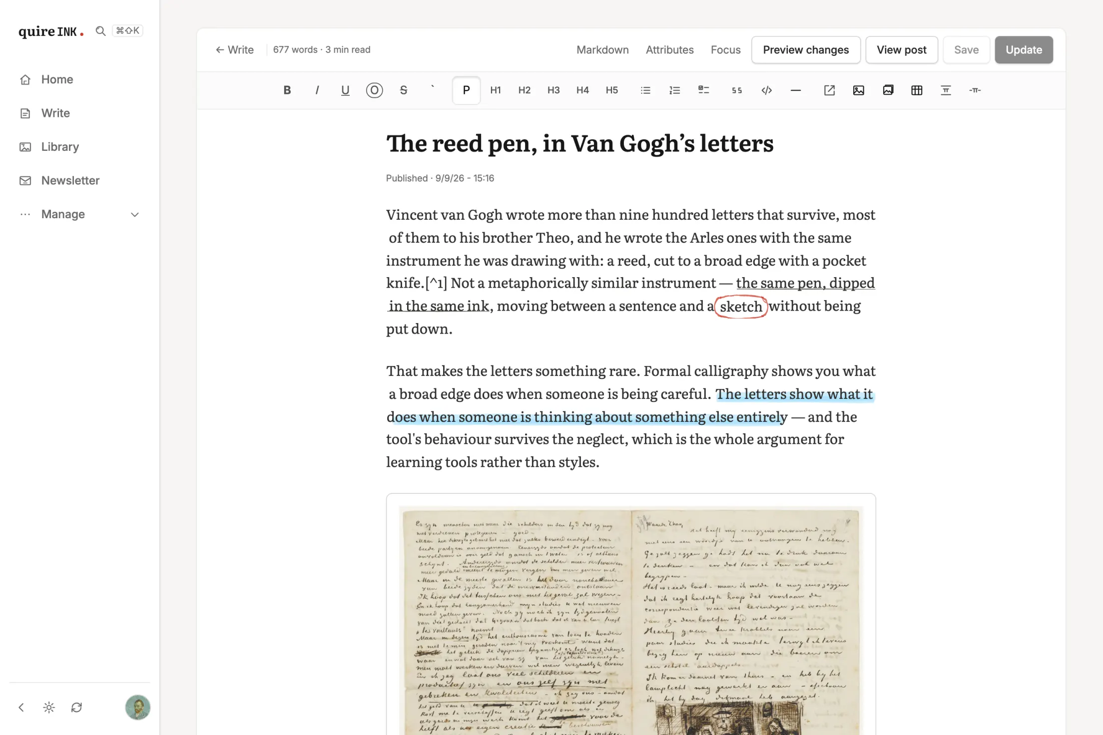 The editor: a post open on the writing sheet with a scanned Van Gogh letter in the body, the toolbar above it, and a header with the word count, the post's published date and its Update button