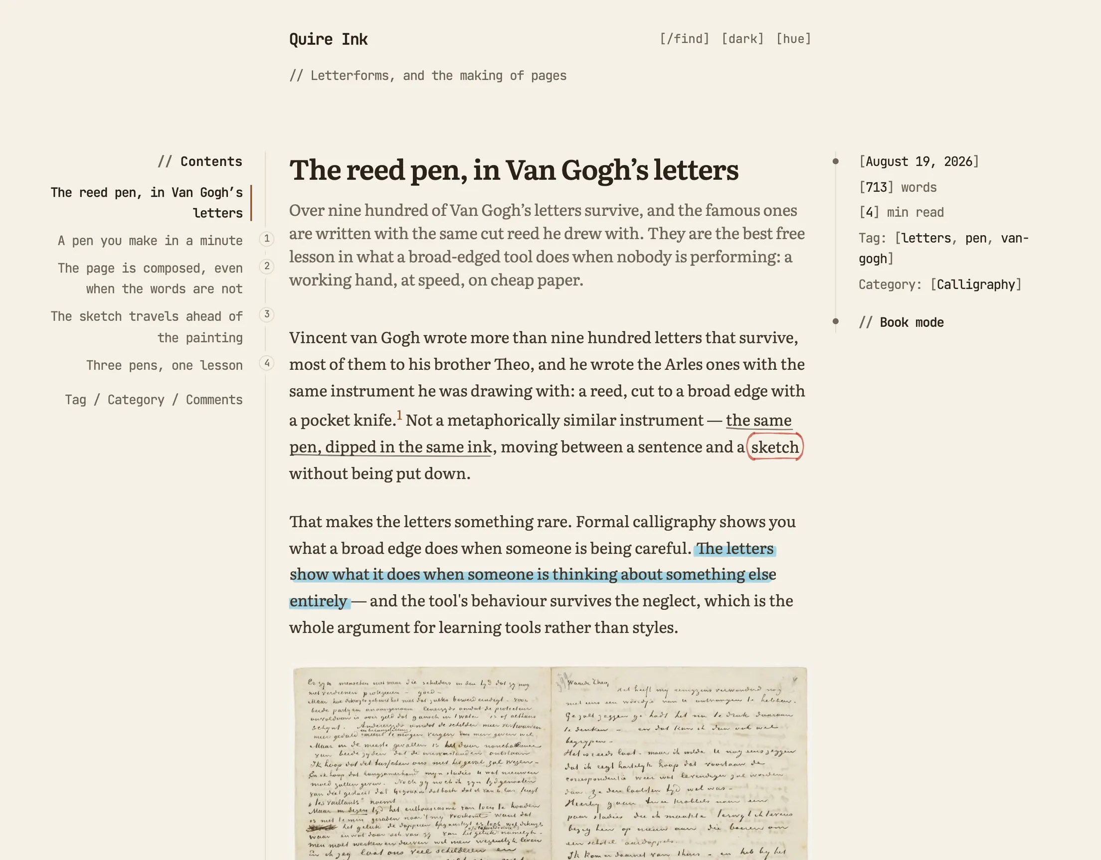 An article in the sepia palette: a contents rail, a highlighter mark, a scanned letter as the first figure, and a meta rail