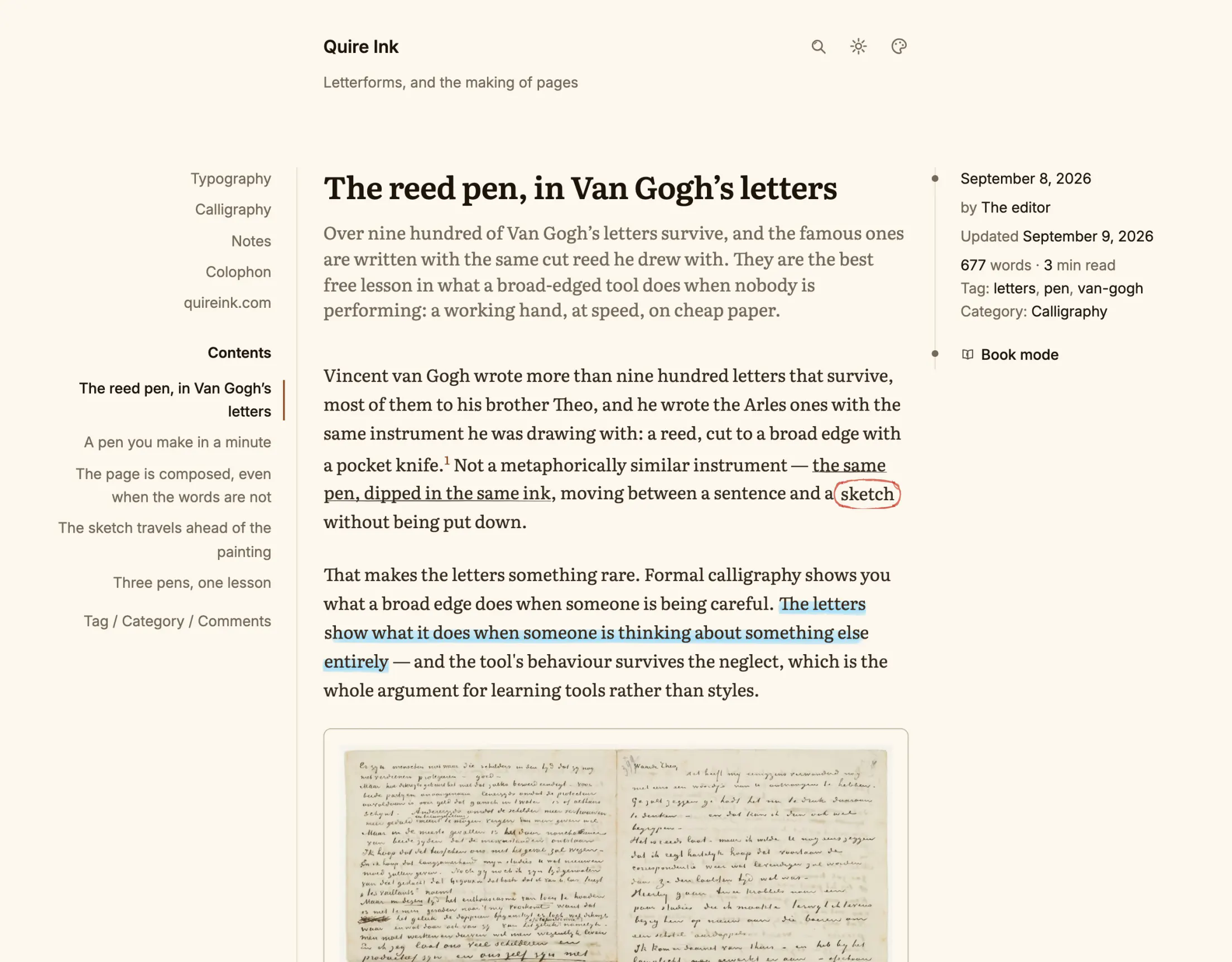 An article in the sepia palette: a contents rail, a highlighter mark, a scanned letter as the first figure, and a meta rail