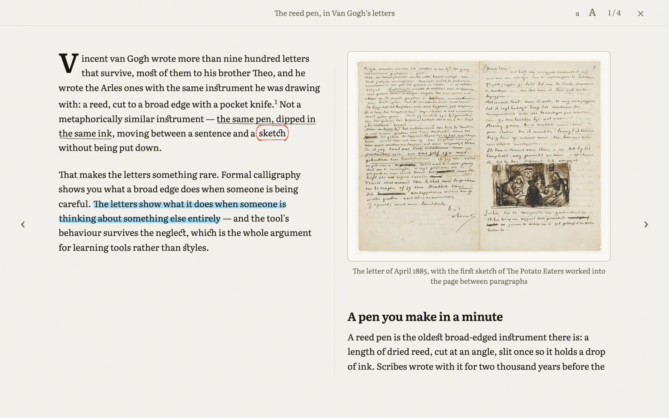 Book mode: the same post set in two justified columns on paper-textured ground, with a drop cap, a highlighter mark, and a captioned facsimile of a Van Gogh letter