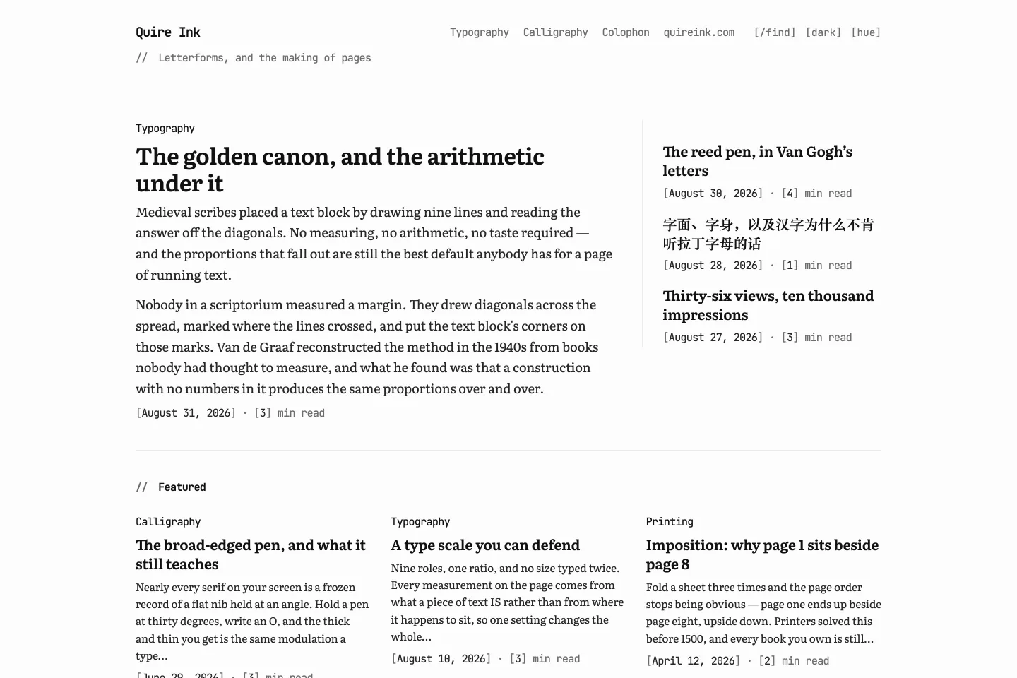 A Quire Ink front page: a lead story with a headline in a serif face, a most-read rail beside it, and a featured row below