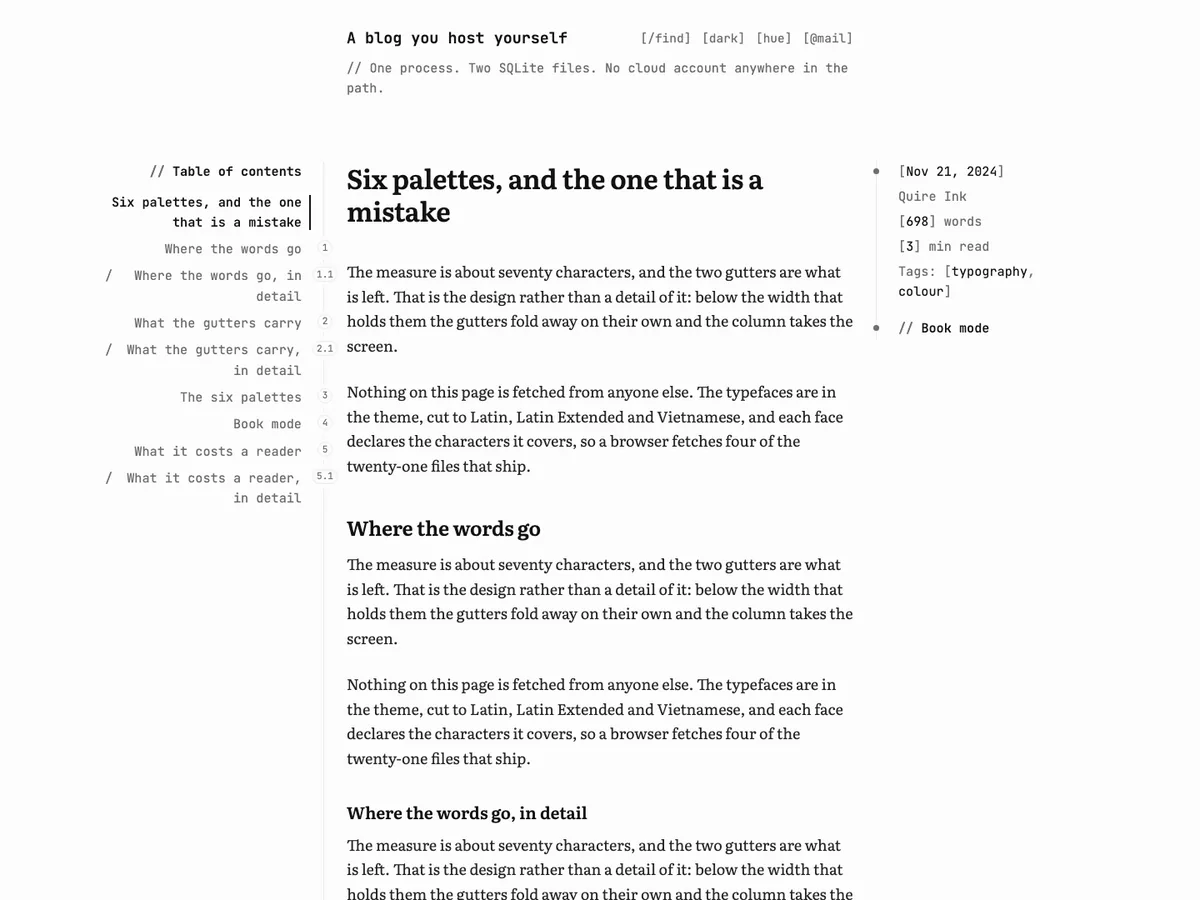 An article page: the post's own table of contents in the left gutter with an outline numbering, about seventy characters of Literata in the middle, and the date, word count, reading time and tags in the right gutter