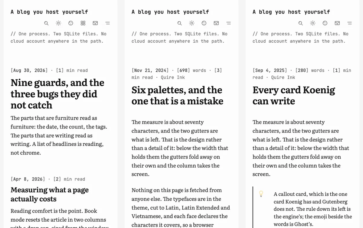 Three phone screens: the listing, an article, and an article carrying a callout card