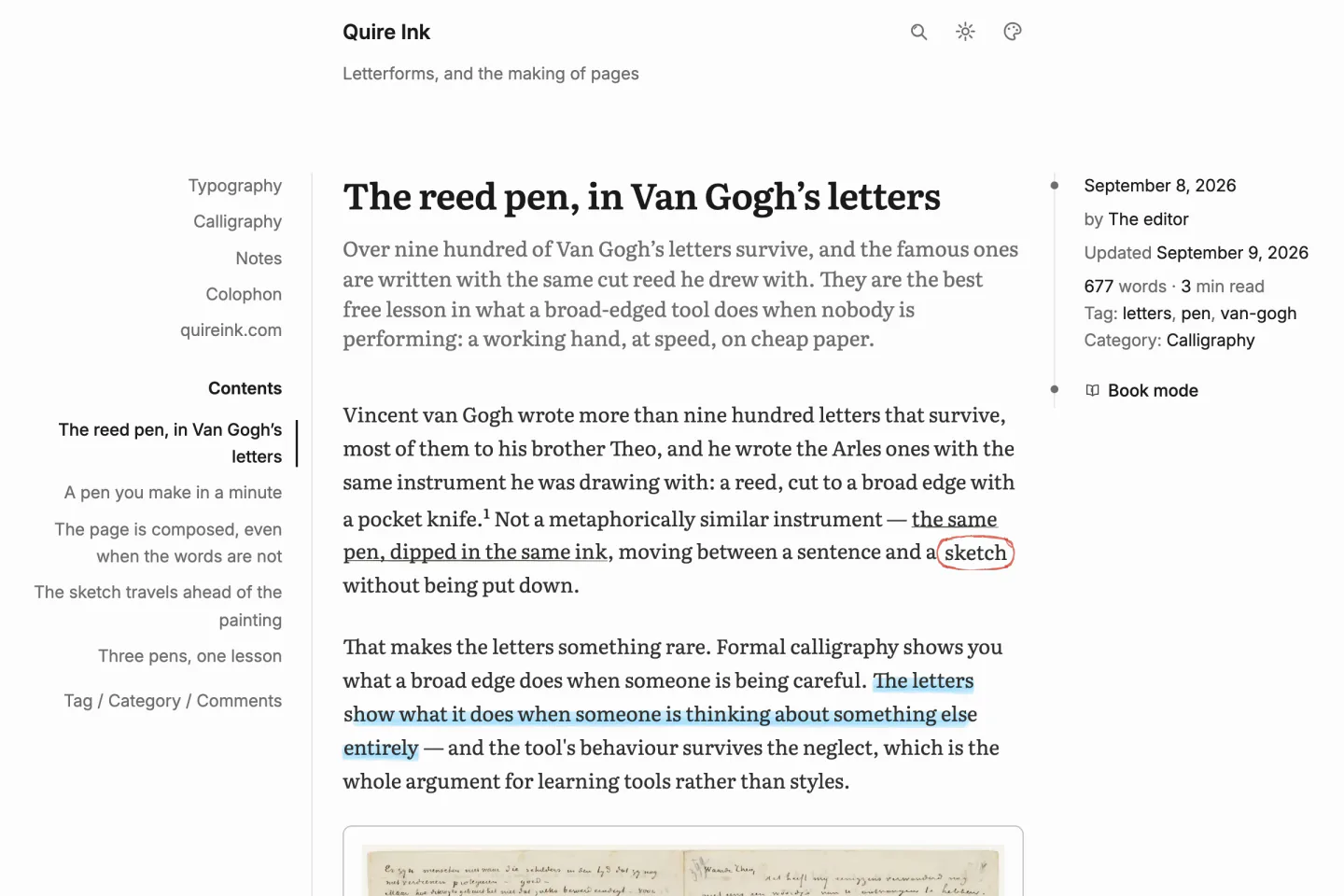 A post in the plain look: a serif headline, the contents on the left, the facts on the right, a pencil underline and a ringed word in the text, and a scanned Van Gogh letter below