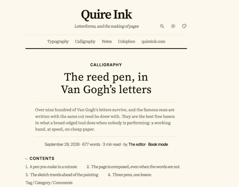 The same post in the newspaper look and the sepia palette: the site name as a masthead over the sections, the section printed above the headline, and a drop cap
