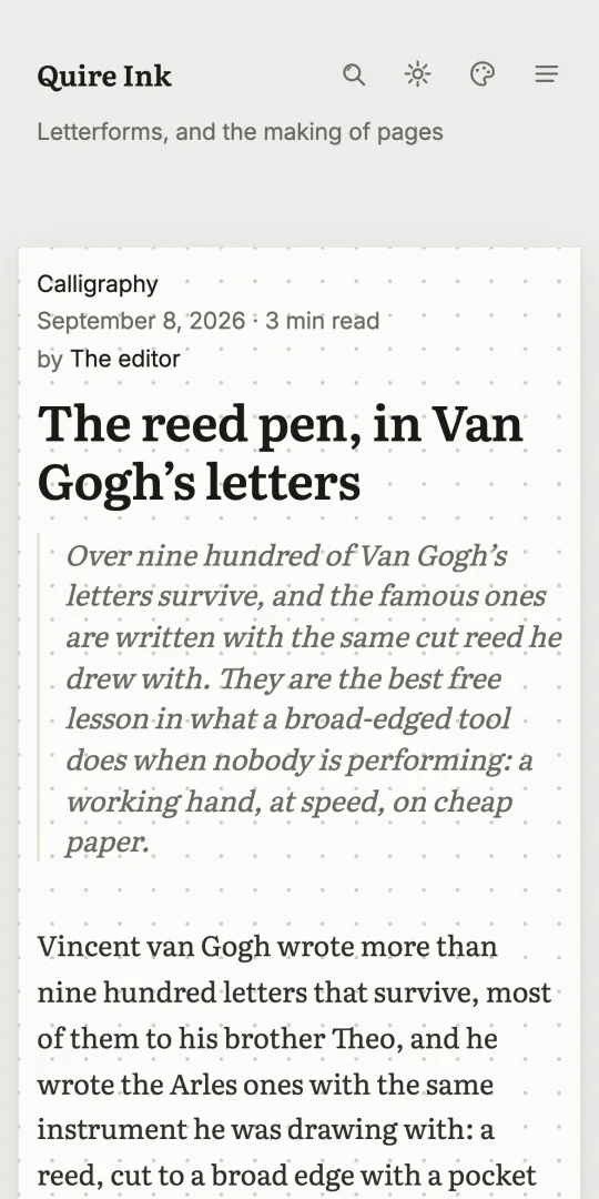 The same post on a phone in the notebook look: a sheet of dot-grid paper with the headline and an italic standfirst
