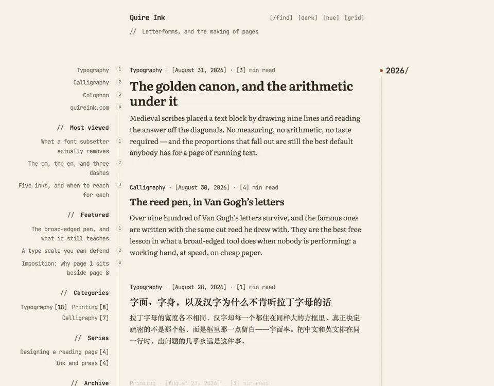 List mode in the sepia palette: a timeline of posts with a numbered category rail