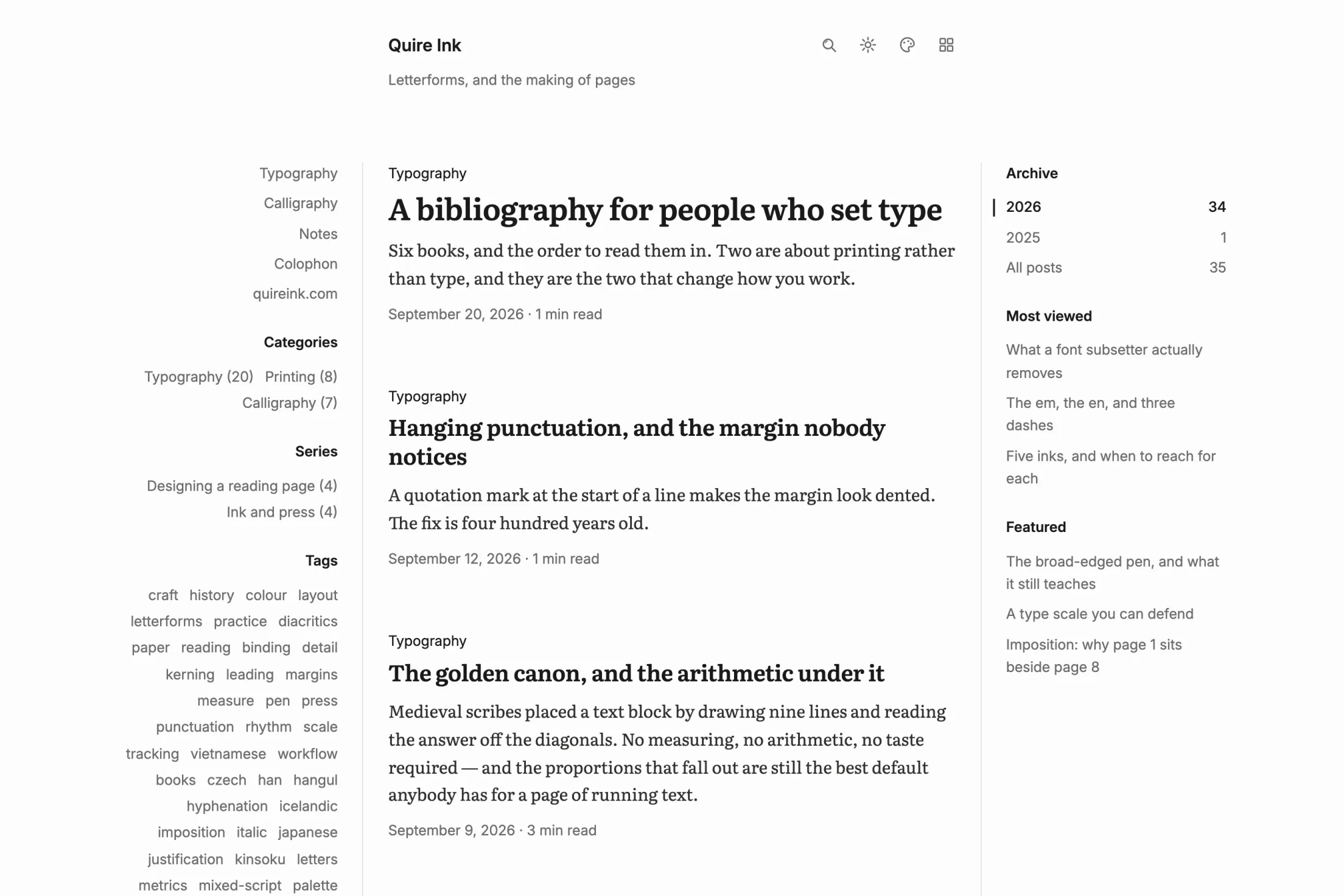 The demo's front page on a wide screen: the menu, categories, series and tags down the left; three posts in the middle, each with its category over the headline, the standfirst, then the date and reading time; and down the right an archive of years with post counts, then Most viewed and Featured