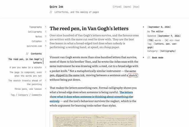 The source code look: the strapline behind a double slash, the header controls written as bracketed words, and the contents rail numbered down its edge