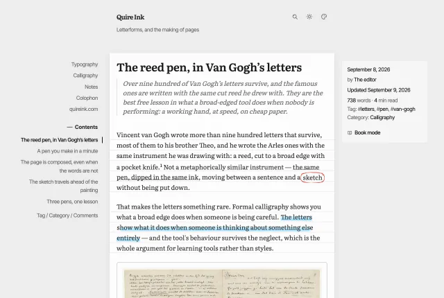 The notebook look: the post on a white sheet lying on a grey desk, with faint rules running behind every line of text