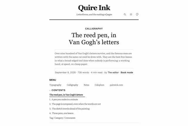 The newspaper look: the site name as a masthead over a heavy rule, the section printed above the headline, and the date and byline under it