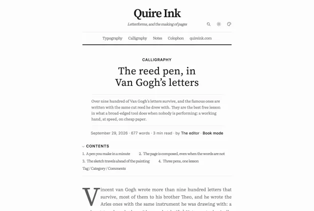 The newspaper look: the site name as a masthead with the sections under it, the section printed above the headline, and the first letter of the piece as a drop cap