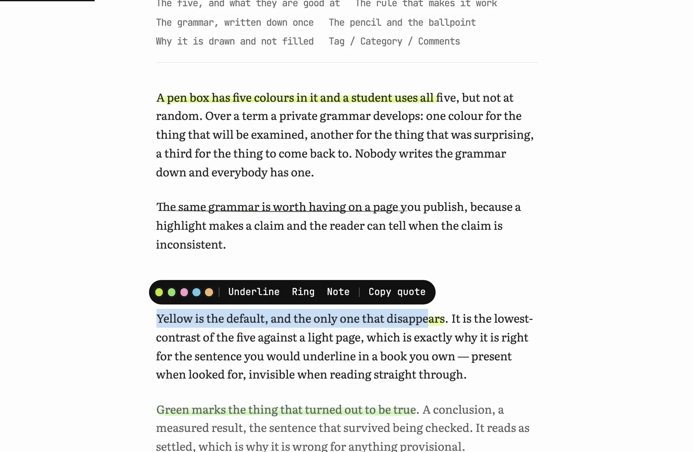A post with a reader's yellow highlight and a pencil underline, and the pen bar open over a selected sentence