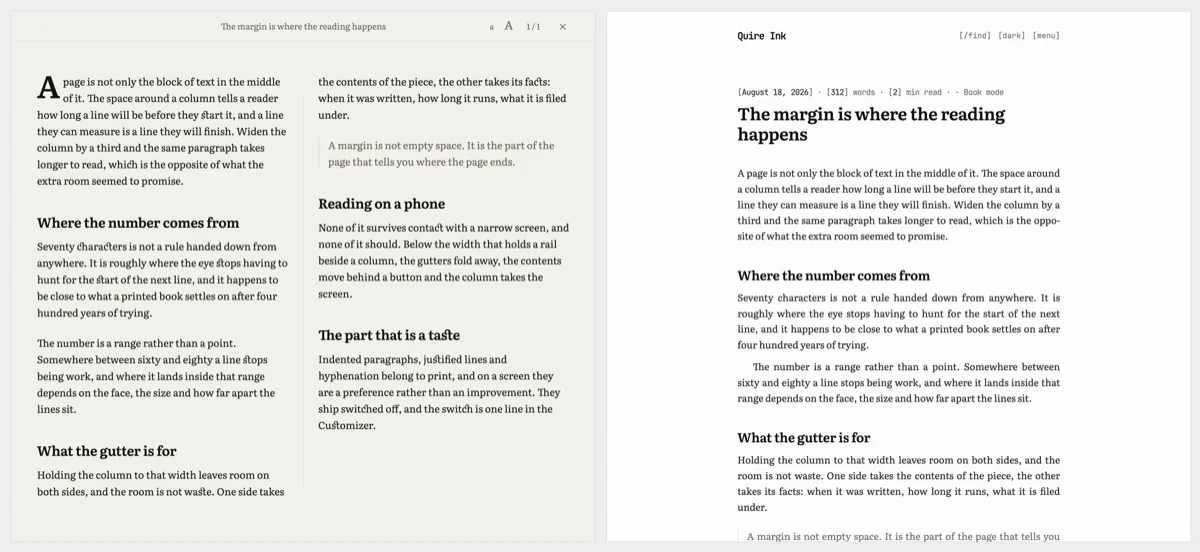 Book mode on the left, showing the article set in two columns with a drop cap and a bar carrying the title, two type size controls and a page count; on the right the same article with book typography, its lines justified and hyphenated and its paragraphs indented