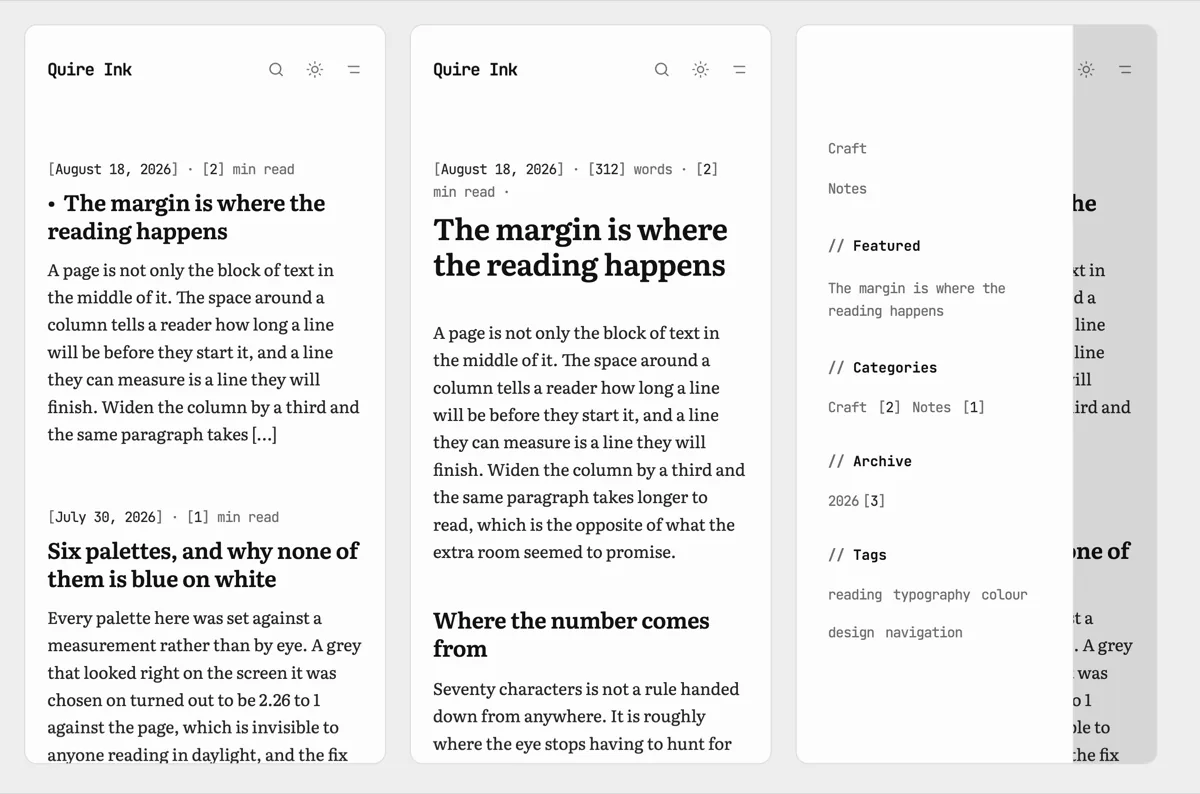 Three phone screens: the listing, an article, and the listing again with the rail open as a drawer over it